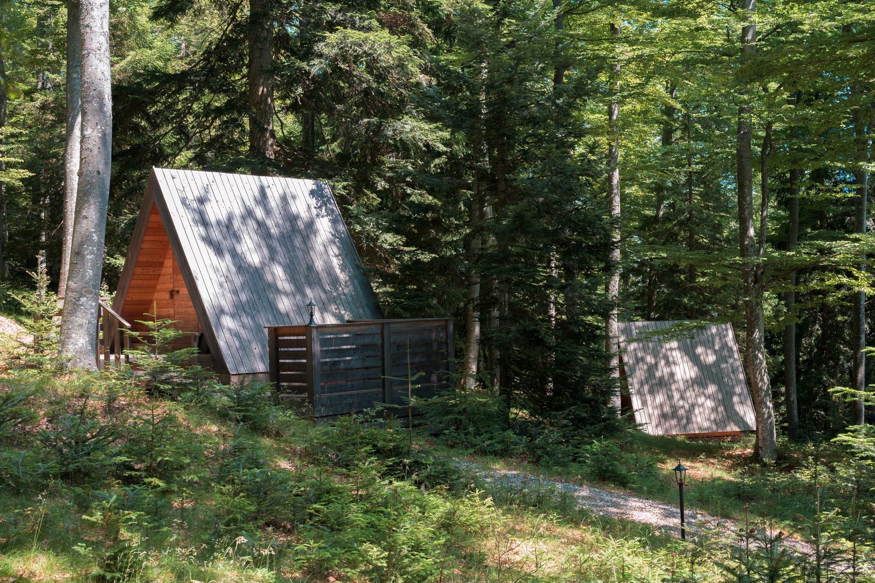 Two A-frame cabins forming a private forest stay for four guests